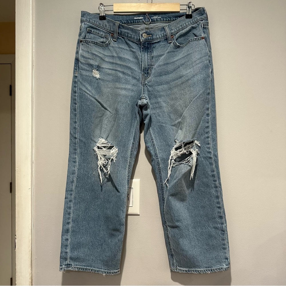 Old Navy Mid Rise Boyfriend Loose Distressed Blue Jeans Size 12 Petite